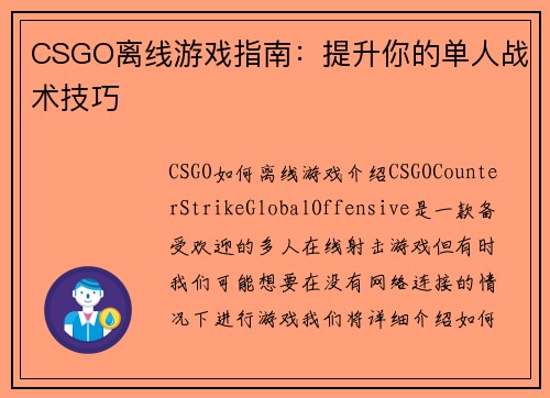 CSGO离线游戏指南：提升你的单人战术技巧
